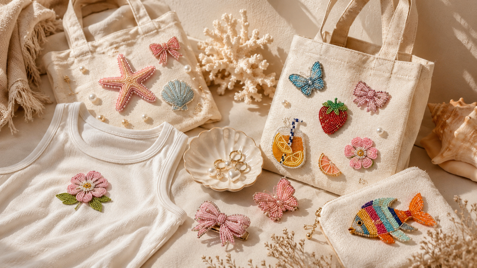 Coralisse flat lay of embroidered tops, totes, jewelry, and accessories